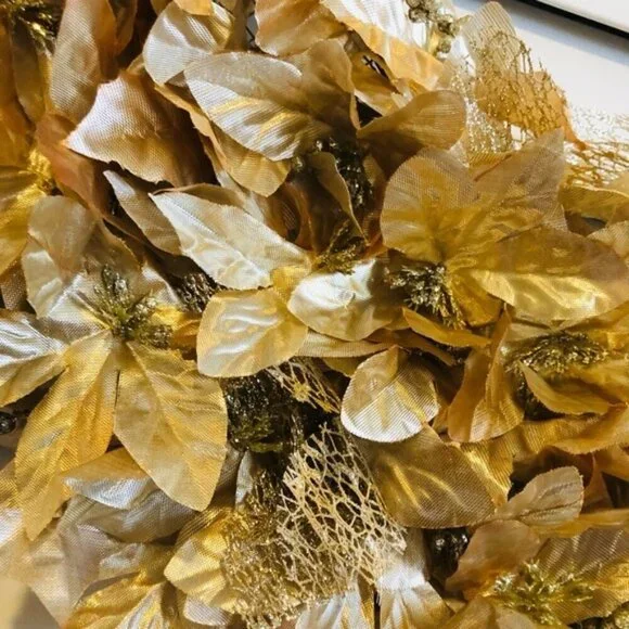 Gold Leaf Sparkle Metallic Fancy Floral Decor Christmas NYE Holiday Wreath - Picture 3 of 4